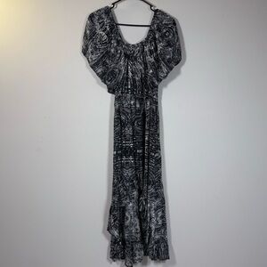 Flowy Black and White Patterned Off the Shoulder Hi-Low Dress